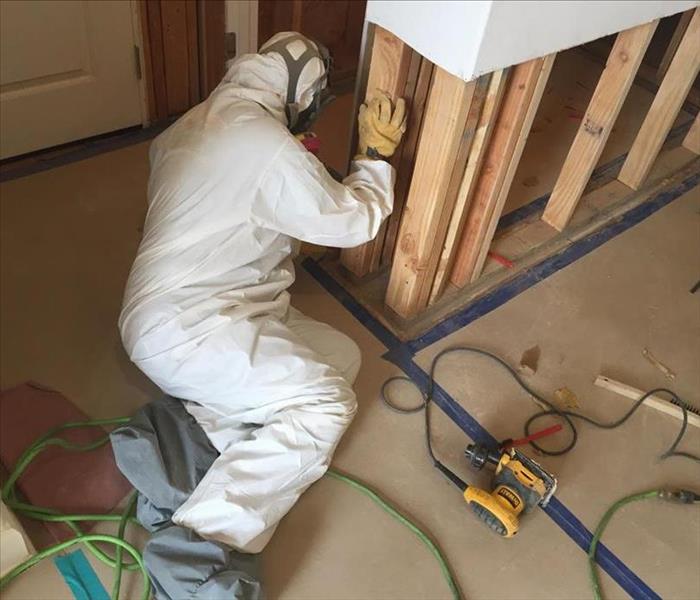 worker wearing protective equipment while sanding and HEPA vacuuming in a contained work area